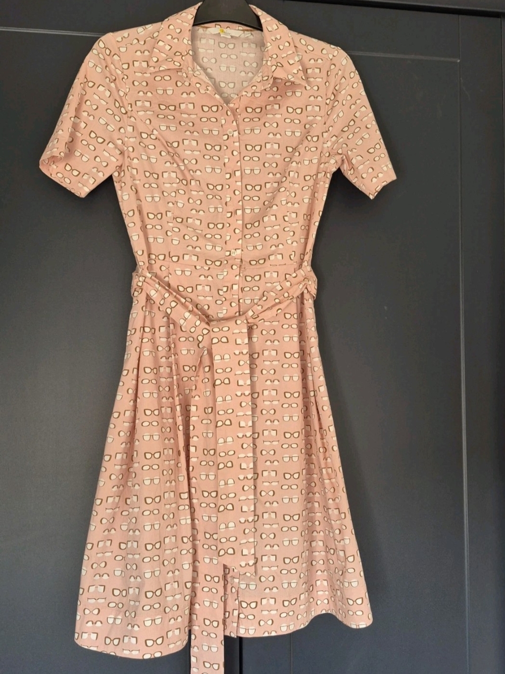 Boden Pink Printed Short-Sleeve Midi Shirt Dress with Waist Tie